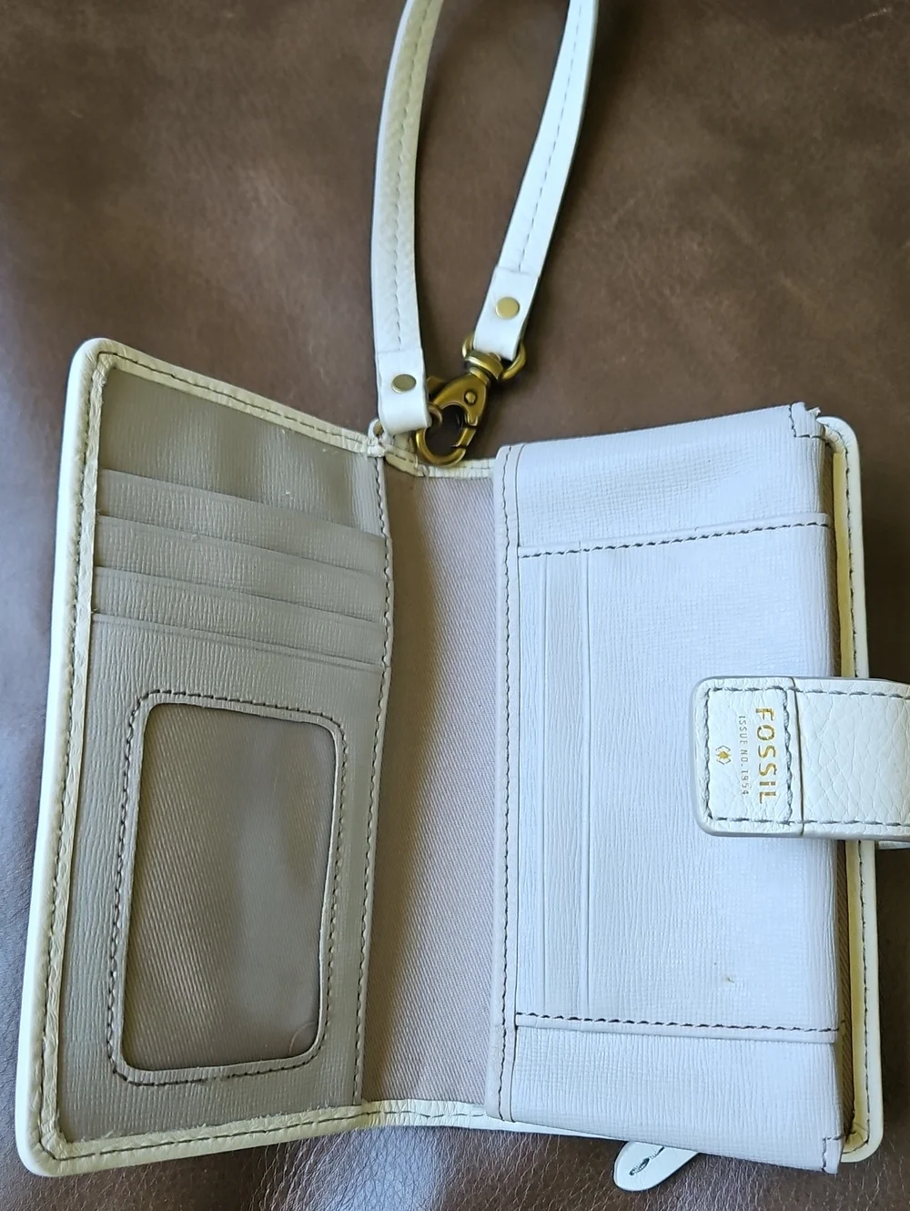 Fossil Emerson SWL1316 Laser-Cut Leather Bifold Wristlet Wallet Cream Taupe